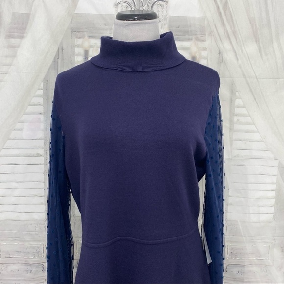 Eliza J XXL 2XL Blue Mock Neck Long Sheer Sleeve Knit Fit & Flare Sweater Dress - Picture 3 of 14